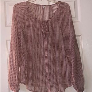 LG pink w/brown dots, sheer, long sleeve blouse